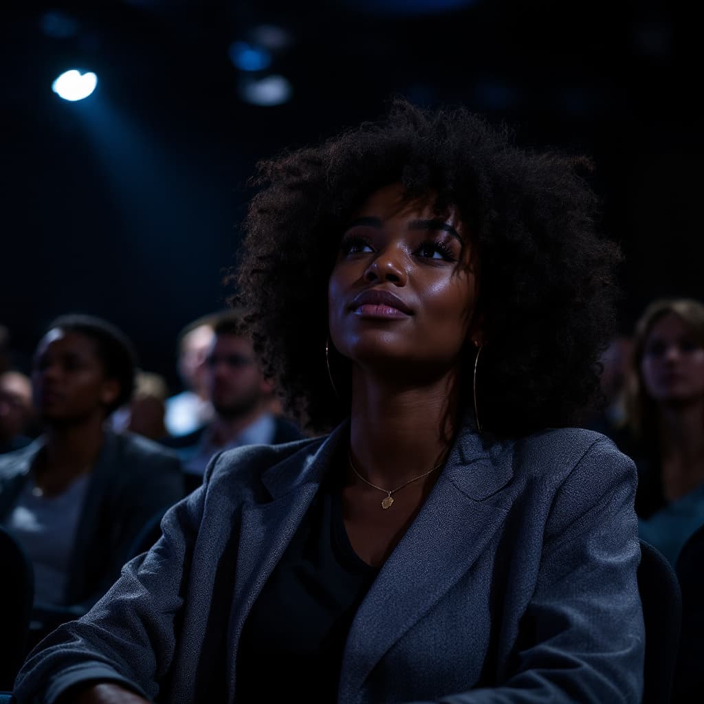 AI generated: High Resolution photography of a Young black girl of the age of 24 wowing audience in a semi dark co...