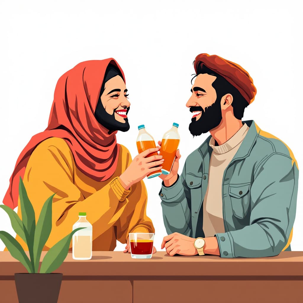 AI generated: A flat illustration of an Muslim Iranian couple happily drinking PET bottle drink togher, The charac...