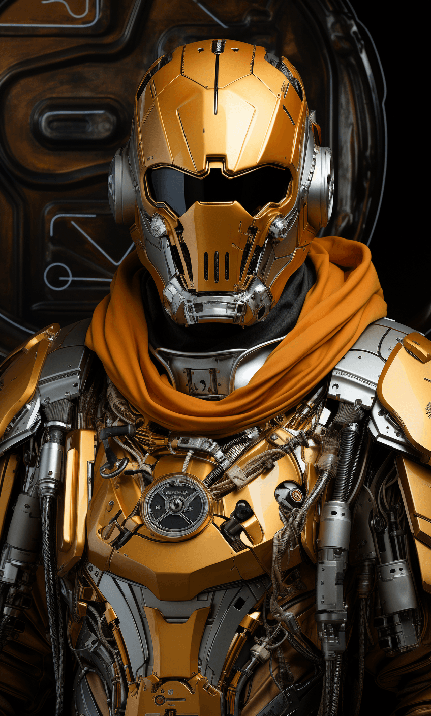 AI generated: a cyber soldier dressed in futurist gear and carrying a cape, in the style of geopunk, pensive poses...