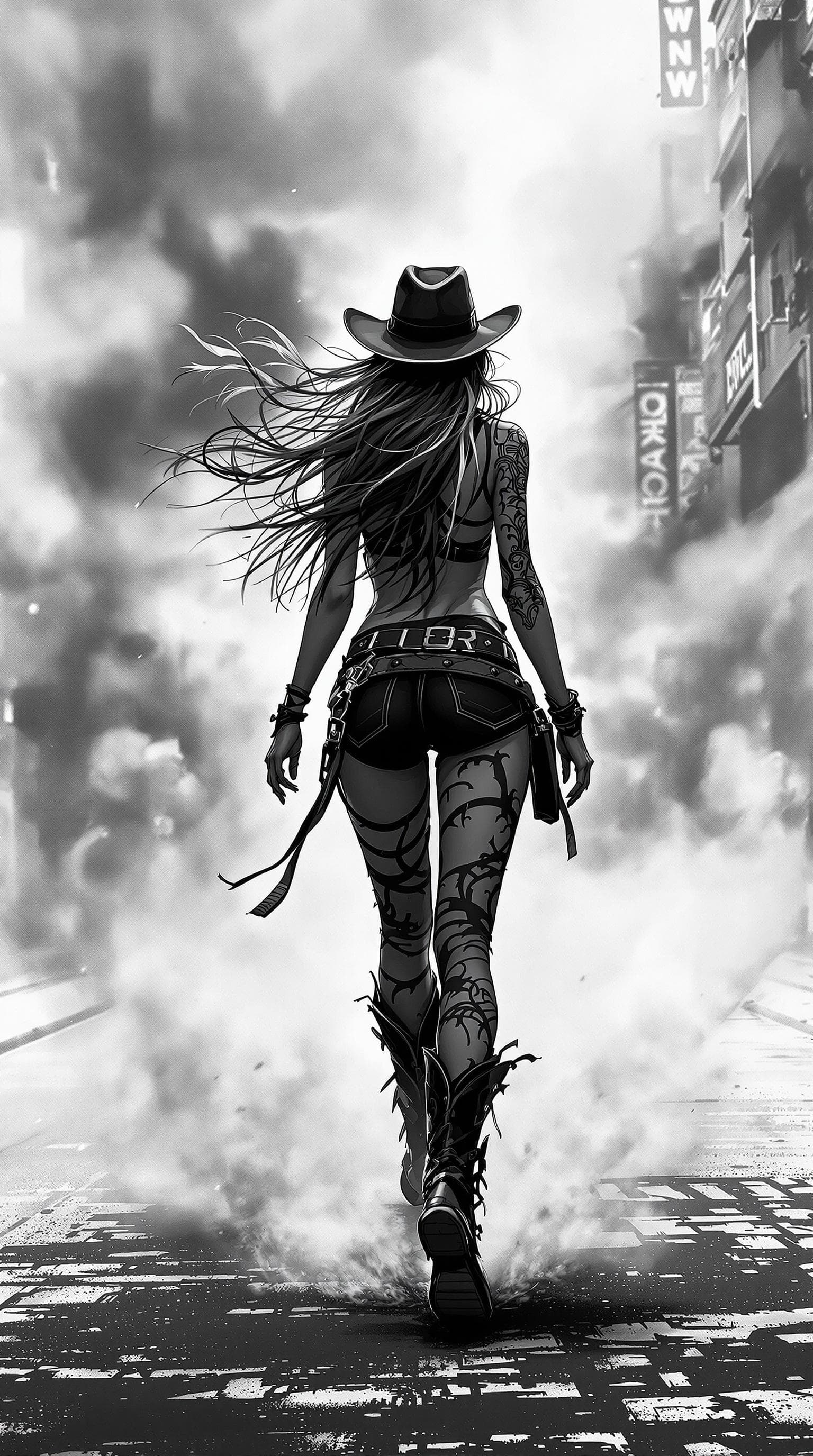 AI generated: A digital drawing of an urban cowgirl, full body, walking on the street, wearing cowboy boots and ha...