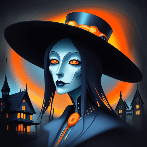 AI generated: a colorful digital artwork of a woman's head wearing a large stylish hat, in the style of haunting h...