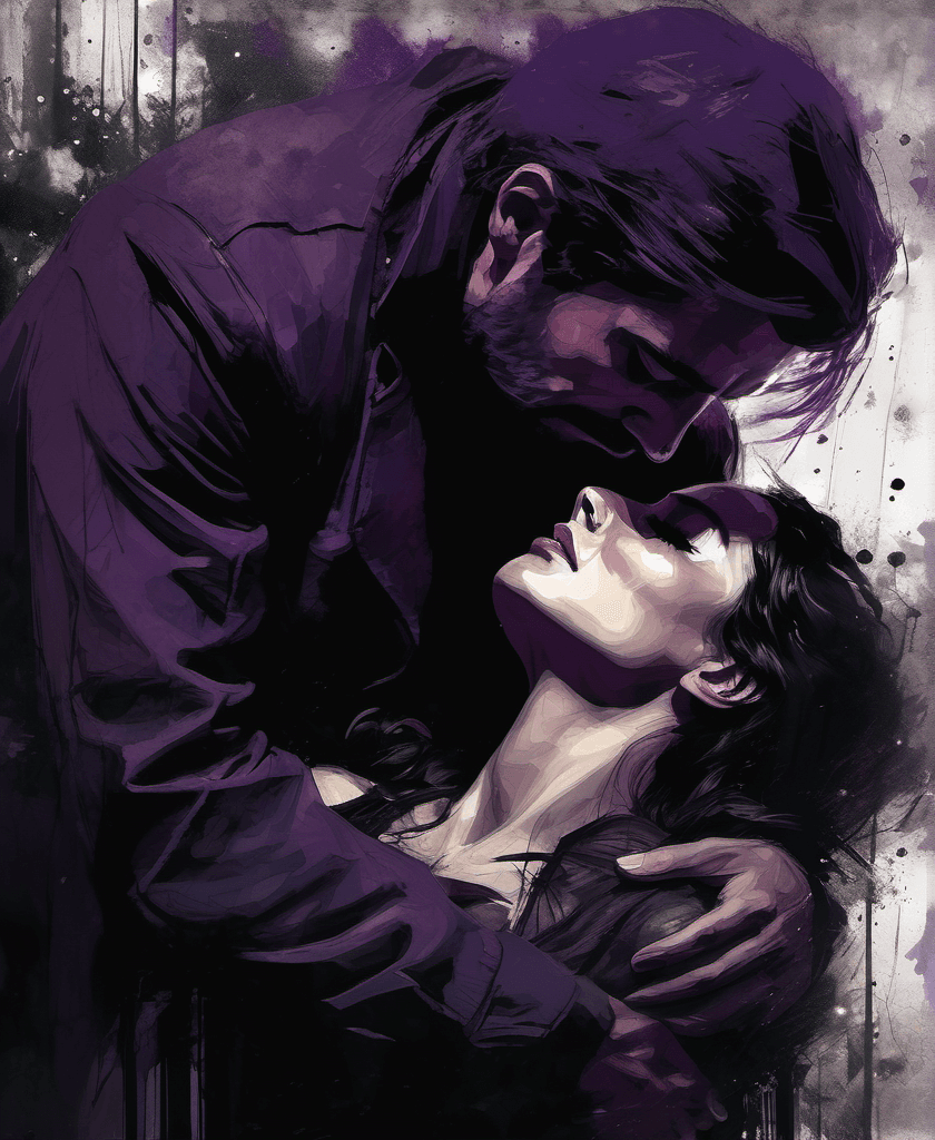 AI generated: a man crying on the ground, holding his dead wife, in the style of dark purple and black, heartbreak...