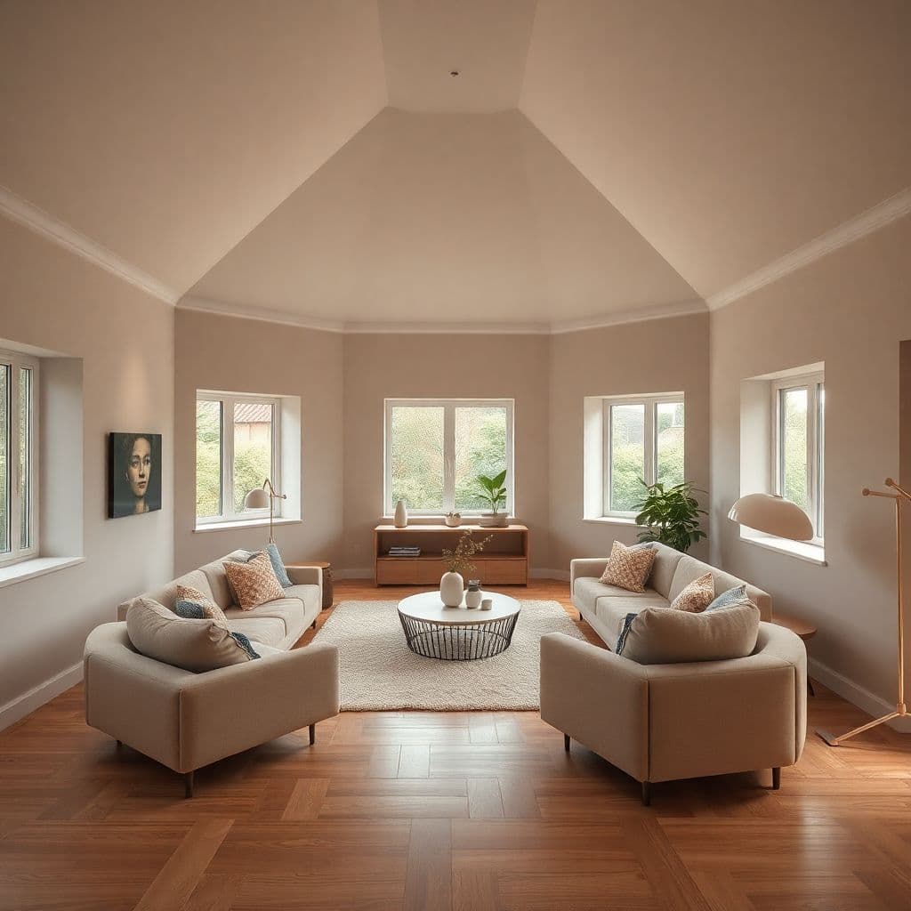 AI generated: High resolution photography interior design, dreamy sunken living room conversation pit, wooden floo...