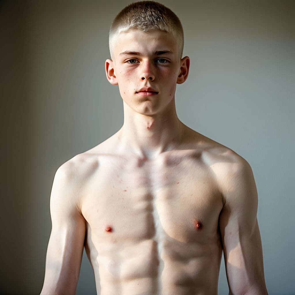 AI generated: create a full body image of 19 year old white boy with shaved hair, naked, with erection and a lot o...
