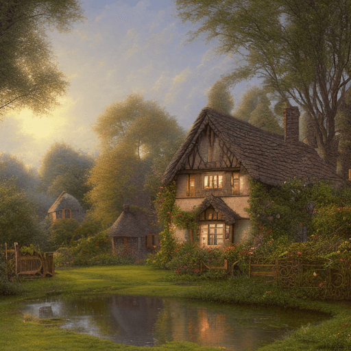 AI generated: a house in a village, thomas kinkaid style
