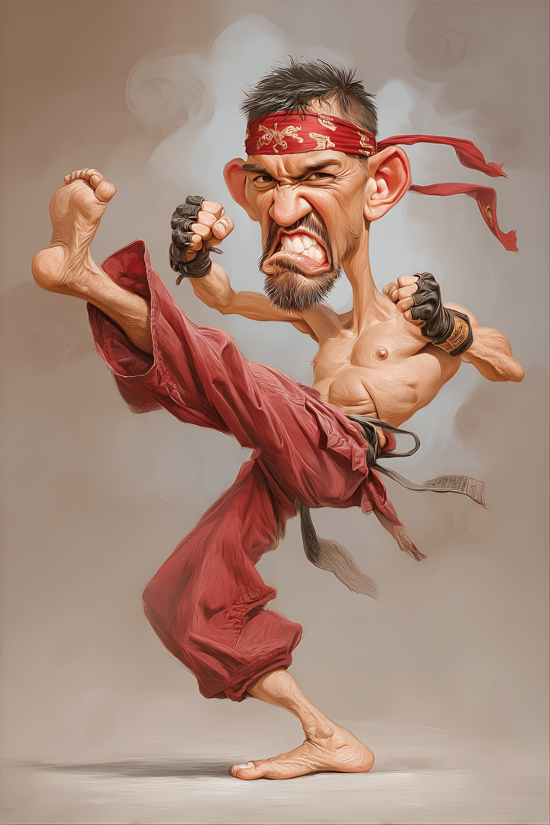 AI generated: funny caricature, exaggerated martial artist, male, 40 years old, flexible, energetic, intense, impo...