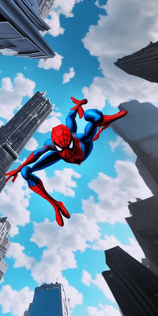 AI generated: spiderman hanging in one  straight white filament, spiderman is high, skyscrapers landscape, clouds
...