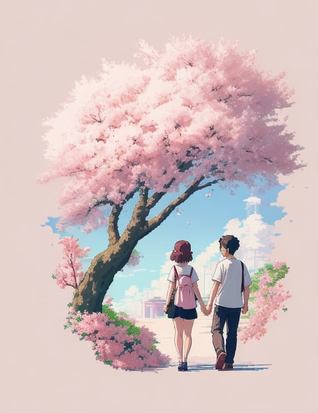 AI generated: Summer trip in the Tokyo , sakura lover , sweetheart couple, t-shirt design,banlance harmony space ,...