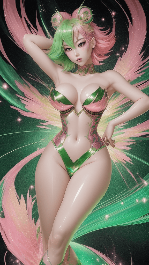 AI generated: A mesmerizing anime-inspired illustration featuring a stunning Japanese girl with radiant pink and g...