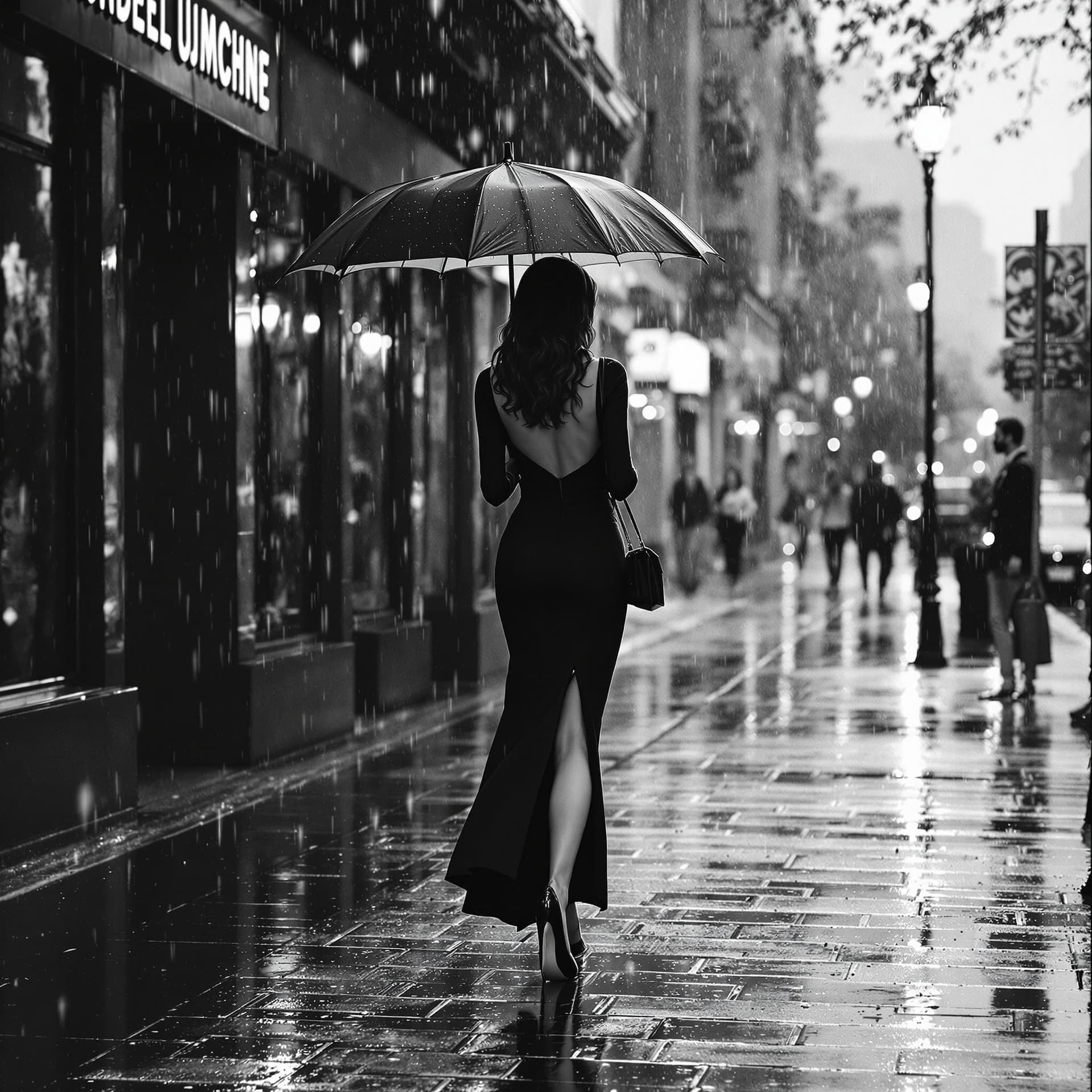 AI generated: black and white, photorealistic image of a woman walking down a rainy street, holding a stylish umbr...