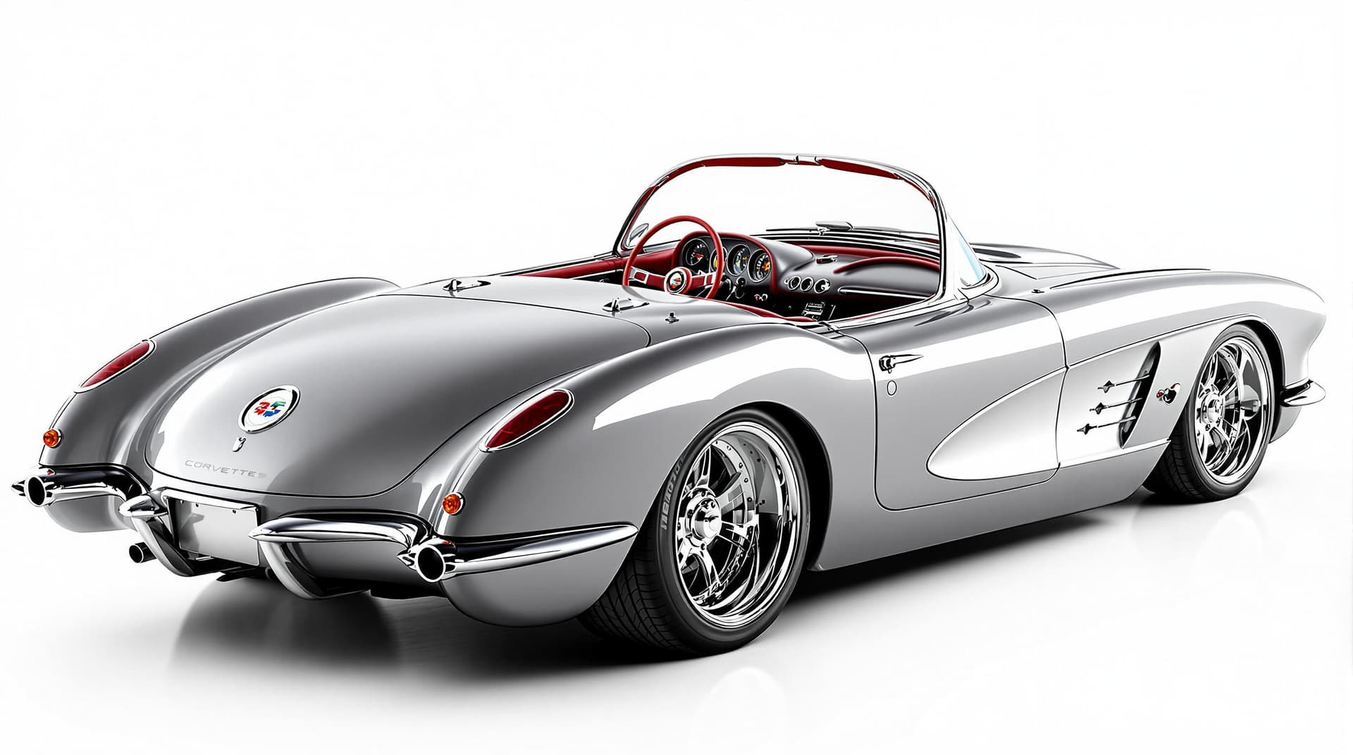 AI generated: Hyper realistic 1959 chevy corvette convertible, rear side top view, gray color, restomod with no ch...