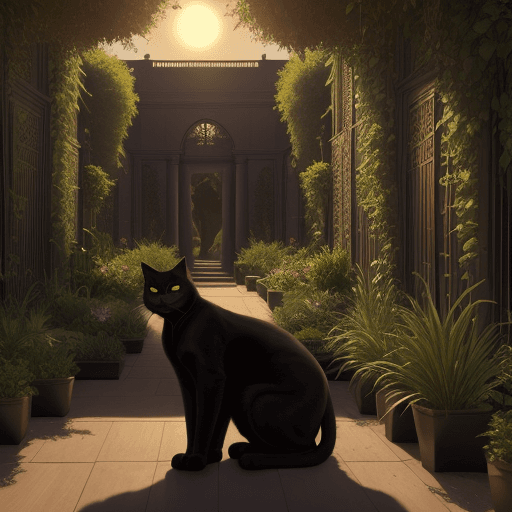 AI generated: A big black cat watching the hanging gardens in babylon. No people. Lots of vegetation. The sun is g...