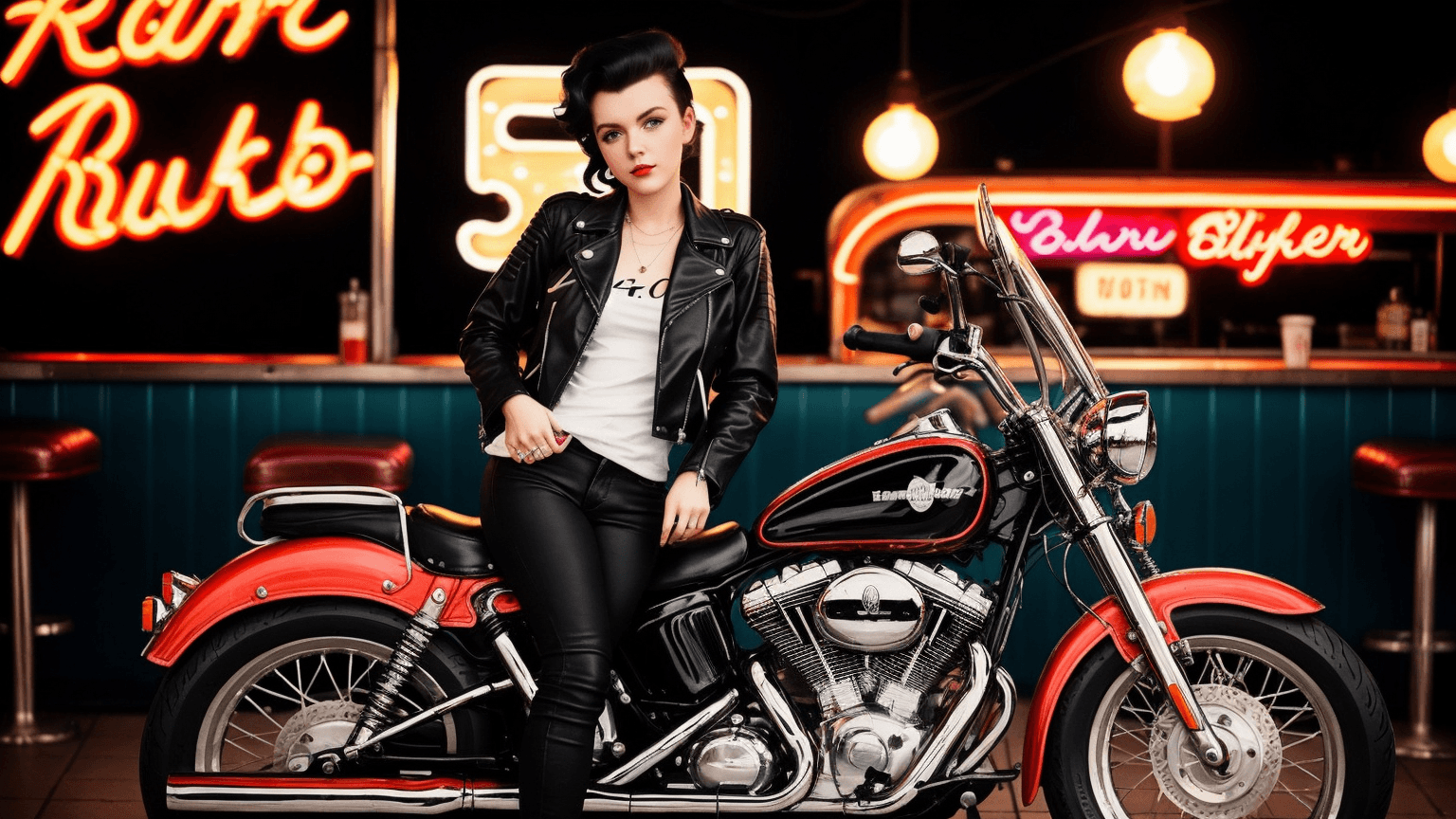 AI generated: vintage photo of a 21 year old german girl, with (50s style black leather jacket), skinny black jean...