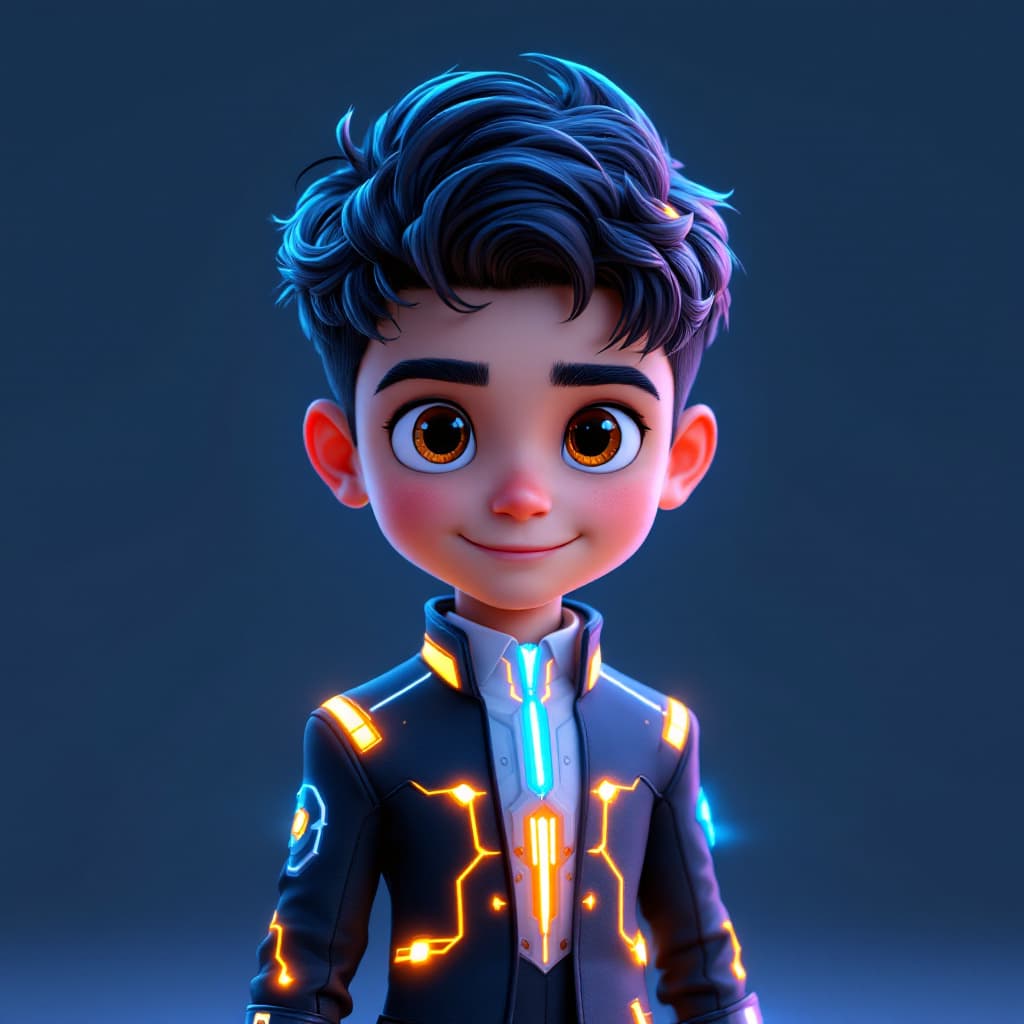 AI generated: 3d image, cute boy, in the style of Pixar,
He wears a sleek, modern outfit with subtle neon circuit ...