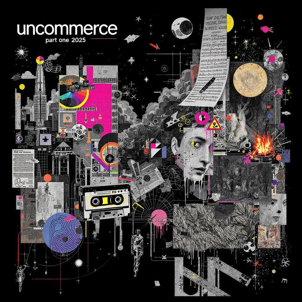 AI generated: A surreal, chaotic collage-style album cover for the artist "uncommerce" — titled "Part One (2025)"....
