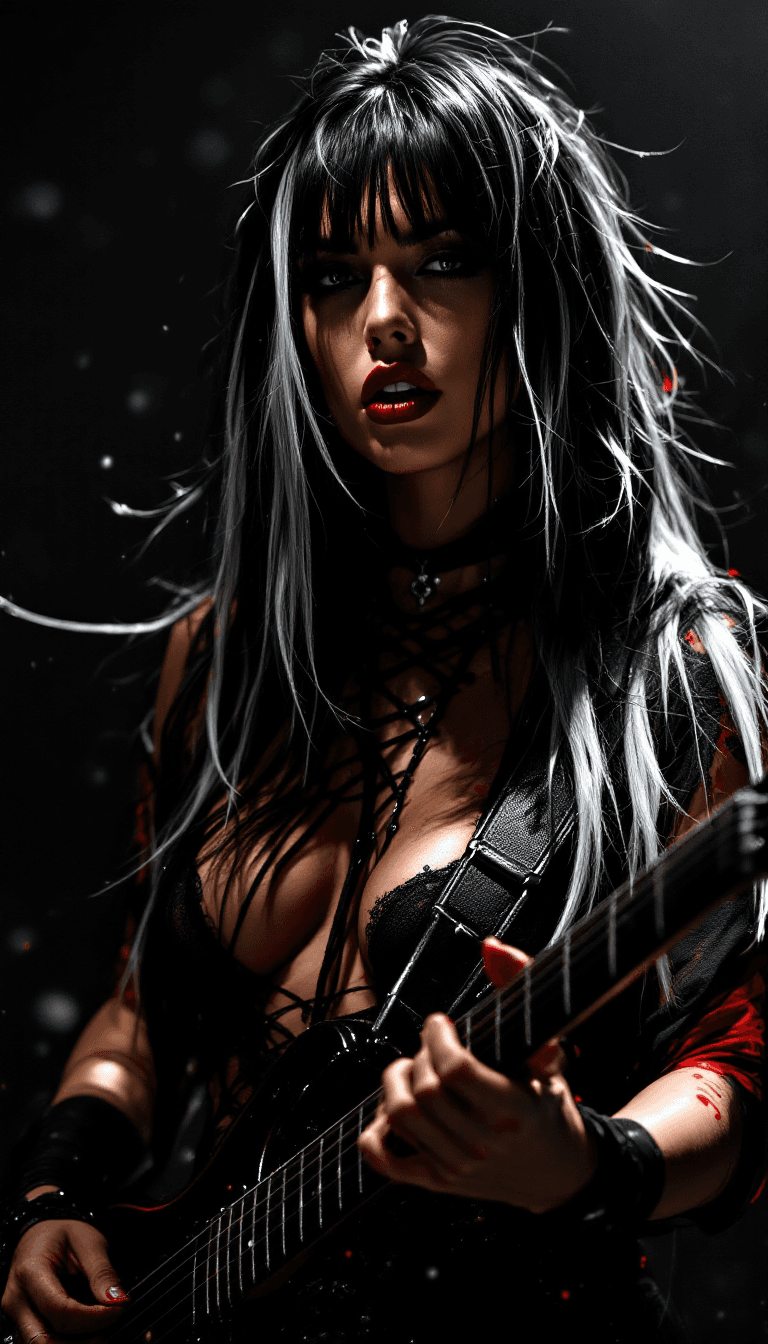 AI generated:  magnificent, dark background, inksplash portrait of stunning  heavy metal guitarist playing on stag...