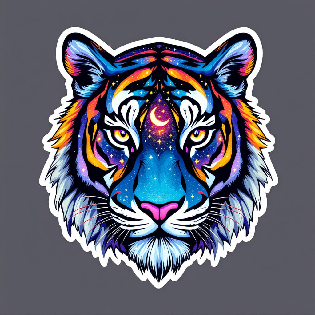 AI generated: "A bold and clean illustration of a cosmic tiger designed for stickers. The tiger's face is filled w...