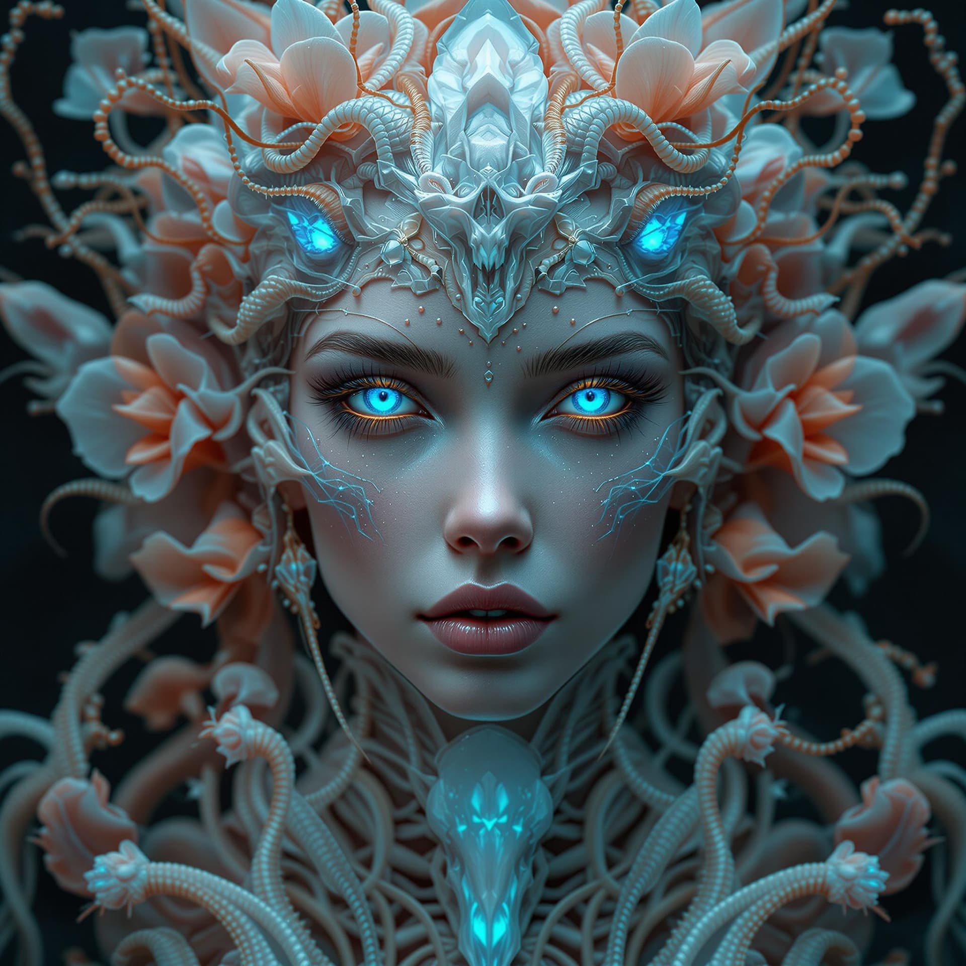 AI generated: Goddess close-up portrait ribcagel. jellyfish phoenix head, nautilus, orchid, skull, betta fish, bio...