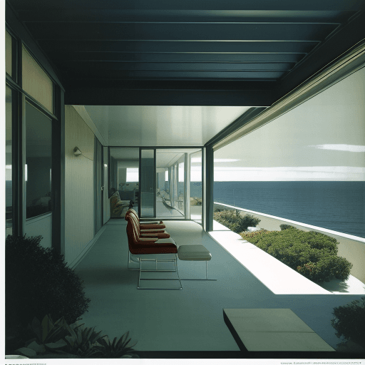 AI generated: Hyper realistic eye level exterior photo of a mid century modern style house overlooking the ocean, ...