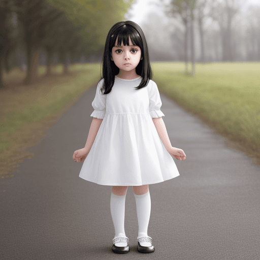 AI generated: young, child, girl, black hair, full body, white,