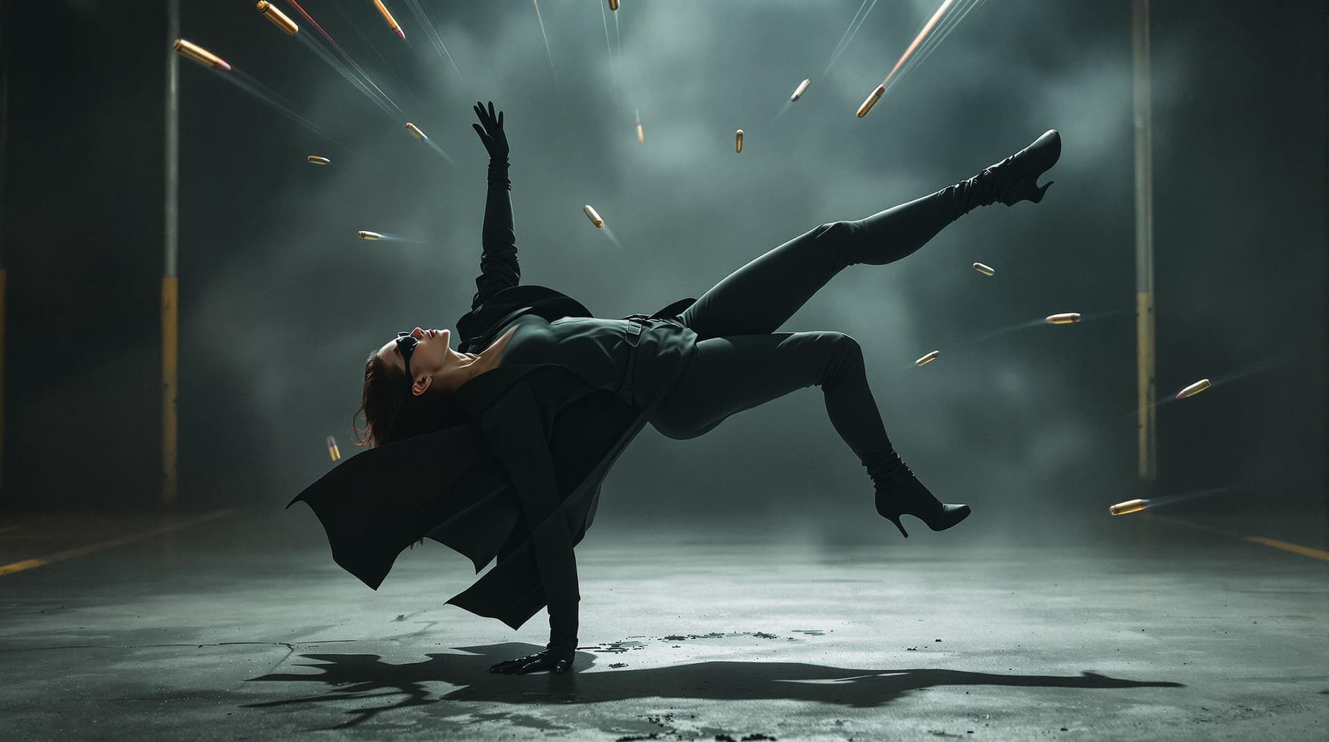 AI generated: It's a dynamic and dramatic scene with a Woman dressed in a black form-fitting outfit including a sl...