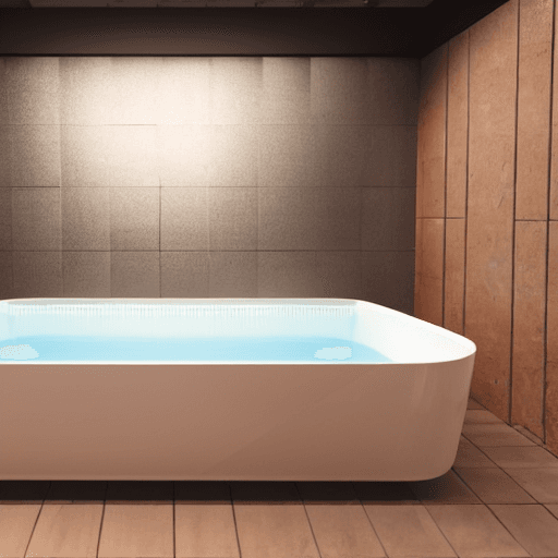 AI generated: tanned fitness model in a bathtube, totally nude, sweated, dark hair, blue eyes, location is a moder...