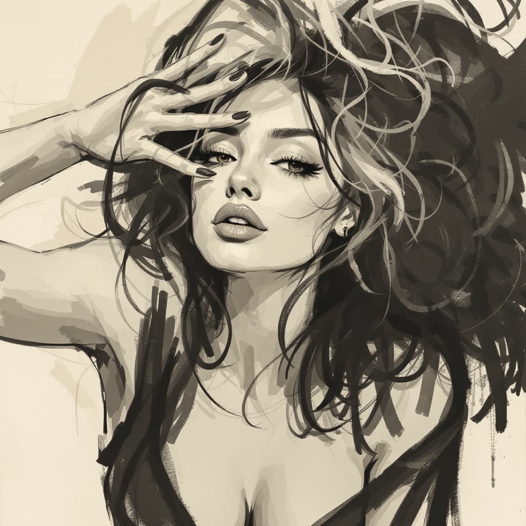 AI generated: Esquisse au fusain sur vieux papier, belle figure féminine, pose séduisante, dessin au trait épuré -...