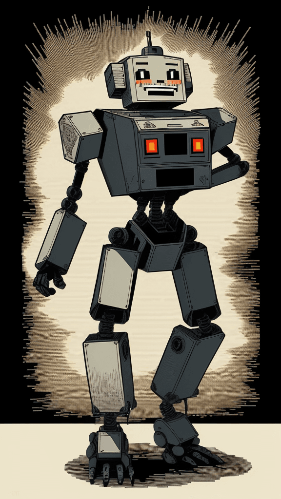AI generated: mono pixelated poster, signed "amf101fma", a digital woodblock illustration of a robot dancing, high...