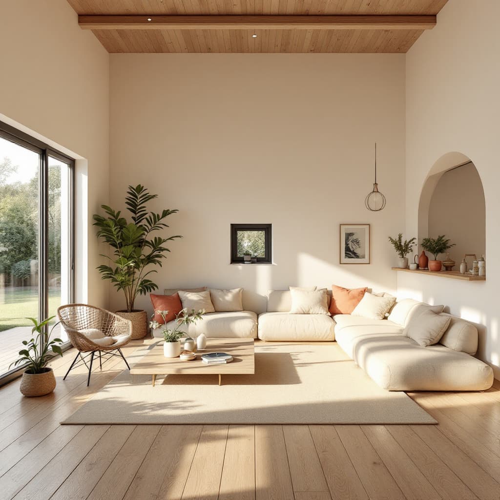 AI generated: High resolution photography interior design, dreamy sunken living room conversation pit, wooden floo...