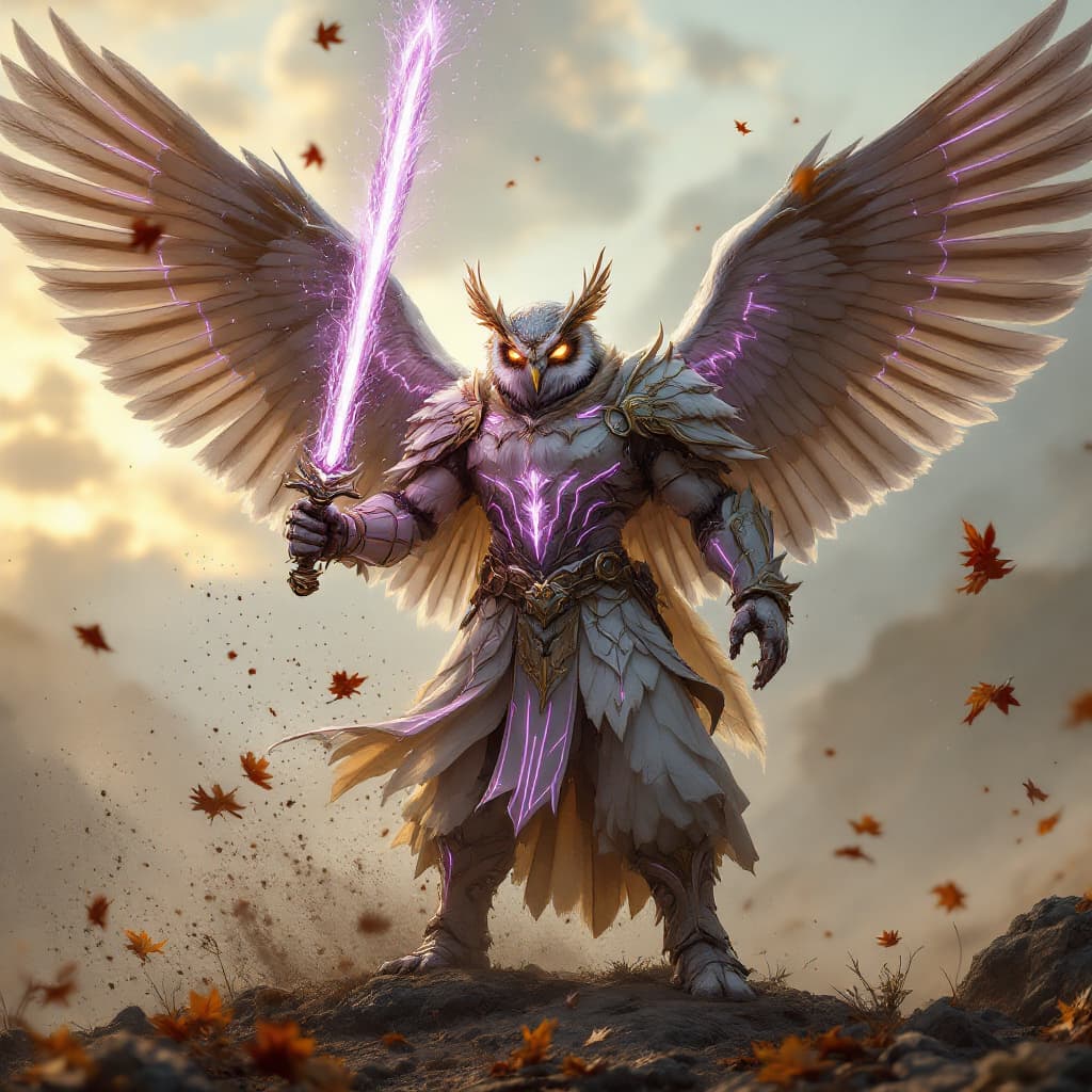 AI generated: (masterpiece, ultra-detailed,, a majestic owl-man warrior stands in an epic hero pose, holding a glo...
