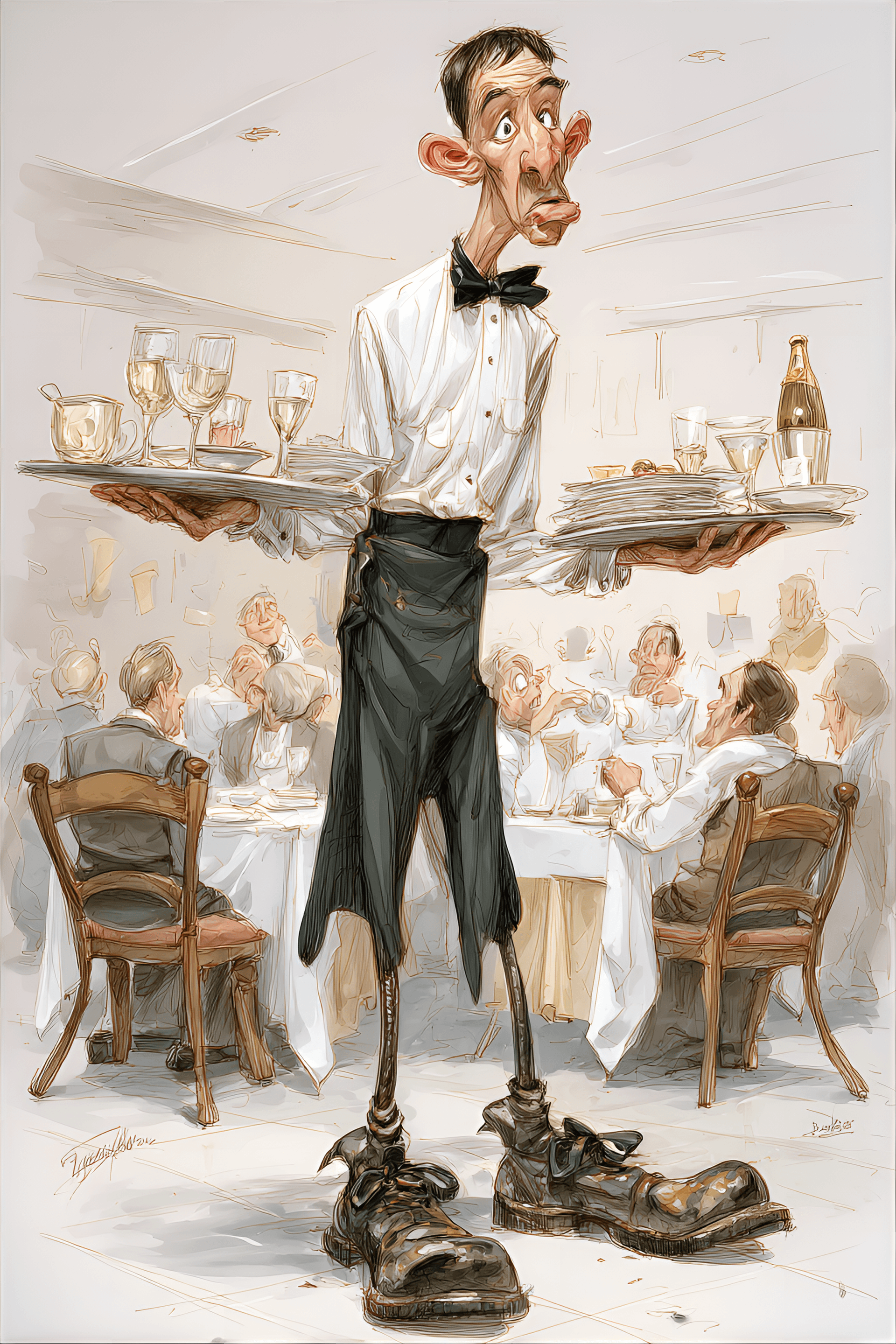 AI generated: funny caricature, clumsy waiter, chinese ethnicity, 25 years old, nervous, eager-to-please, accident...