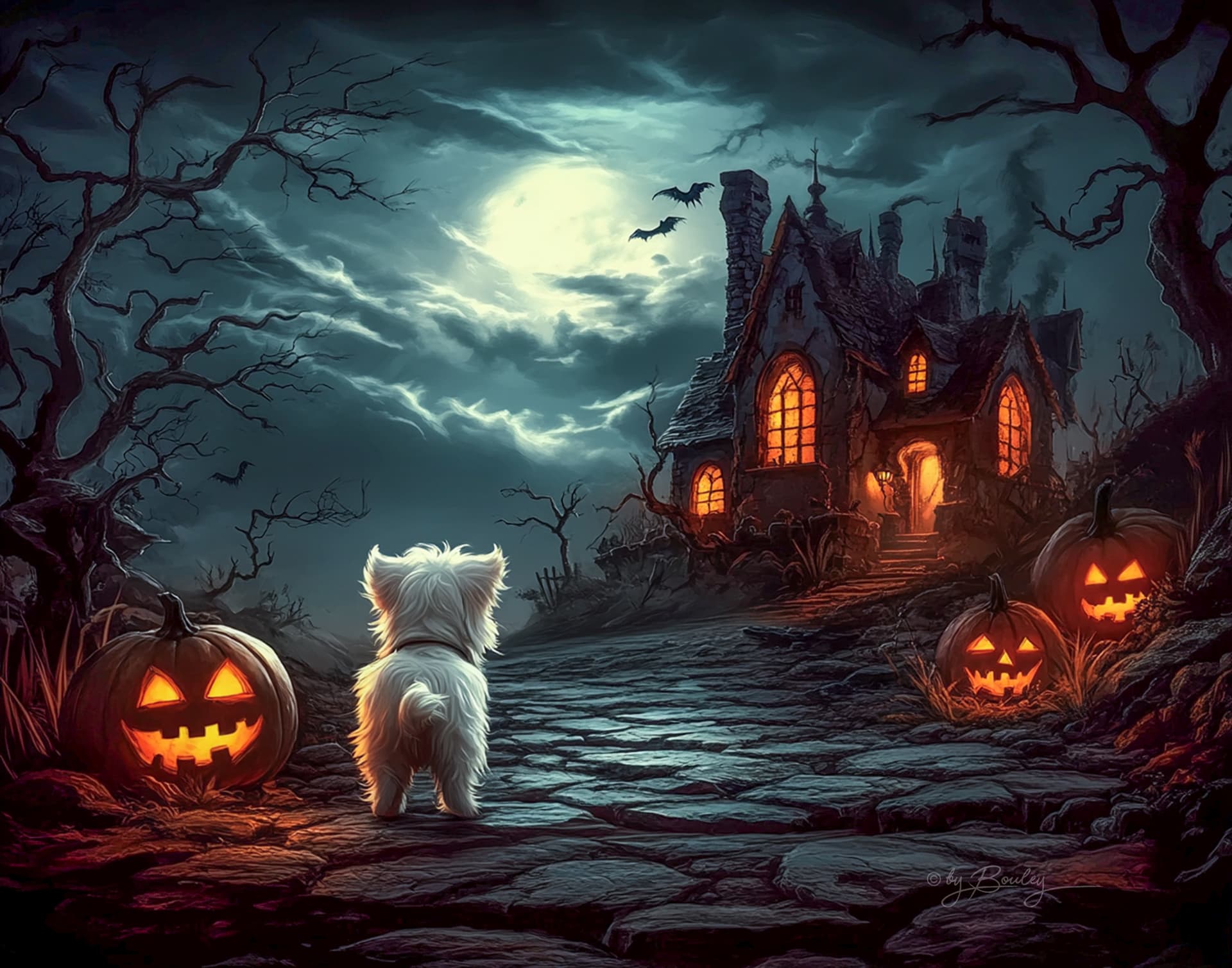 AI generated: Mysterious by moonlight. Horror. A Western-style house with a mysterious atmosphere. The road leadin...