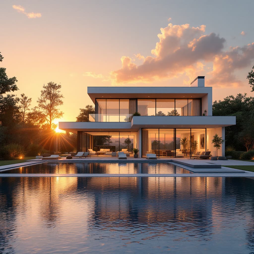 AI generated: Hyper realistic, simplistic, modern house, sunrise is appearing and a nice pool at the front, big wi...