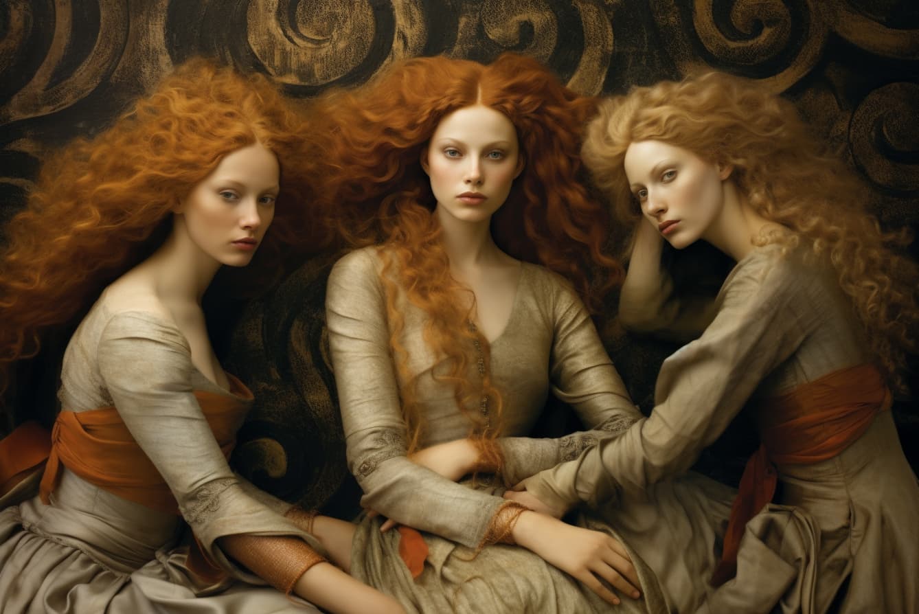 AI generated: a group of women sitting next to each other, by Annie Leibovitz, renaissance, hair flowing, karol ba...