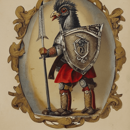 AI generated: Photograph of a small chicken in an armor, wielding a sword and a shield, high detailed and ornament...