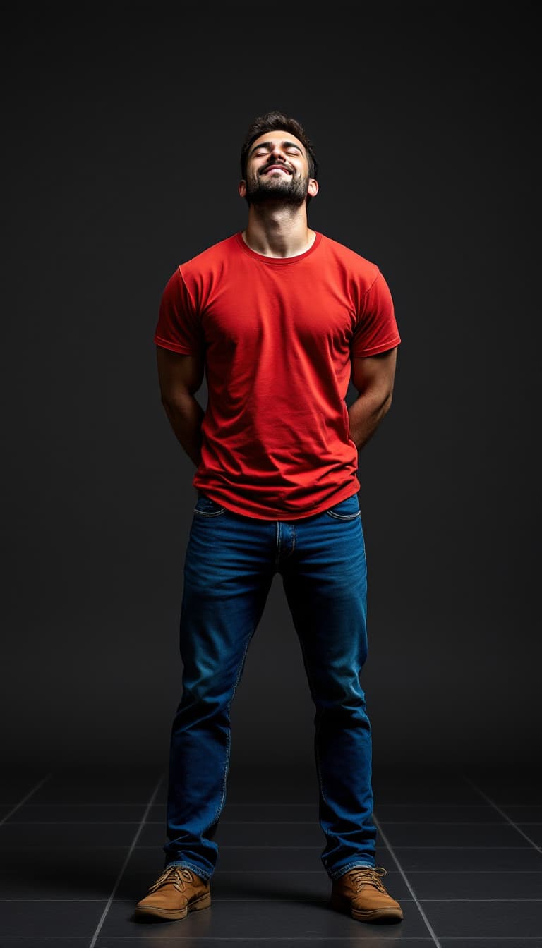 AI generated: photograph of a handsome, happy caucasian man, head tilted back, standing with his hands behind his ...