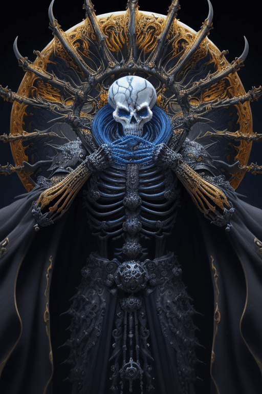 AI generated: Skeleton King of Hell, ((Flaming Skull)), Intricately Designed Nordic Armor, ferrofluid, Intricate, ...