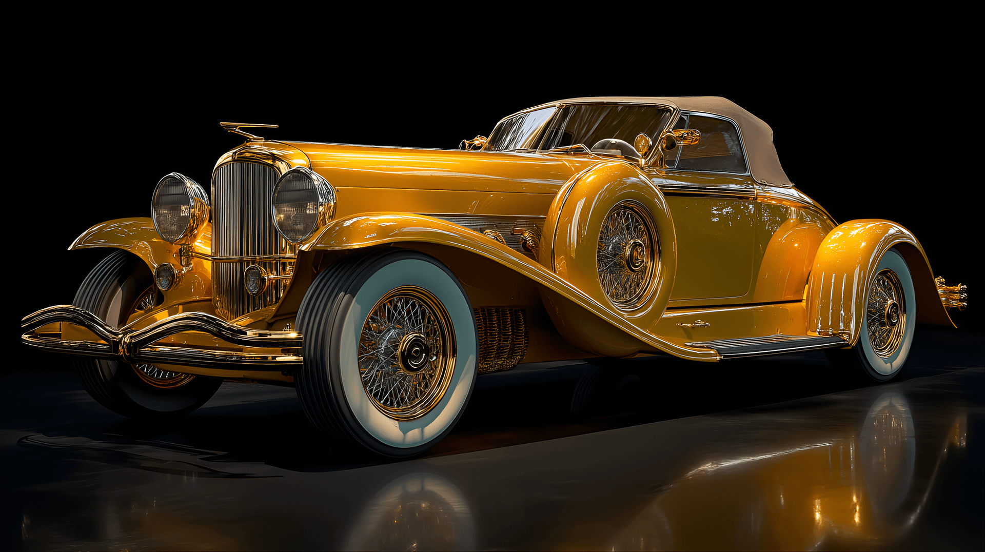 AI generated: highly polished, golden-yellow vintage car, full shot,  luxurious classic car,  ornate details,  ric...
