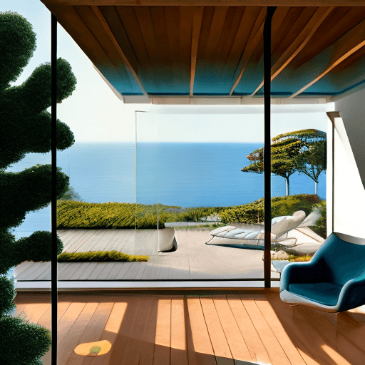 AI generated: Hyper realistic eye level exterior photo of a mid century modern style house overlooking the ocean, ...
