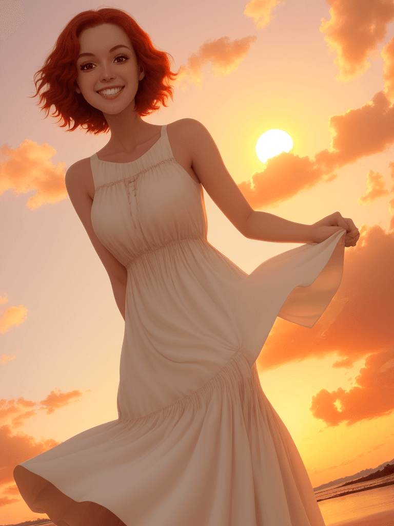AI generated: A TALL GIRL WITH A NICE SMILE, SHORT RED HAIR, BIG BROWN EYES, WHITE SKIN, WEARING A PRICESA DRESS
 ...