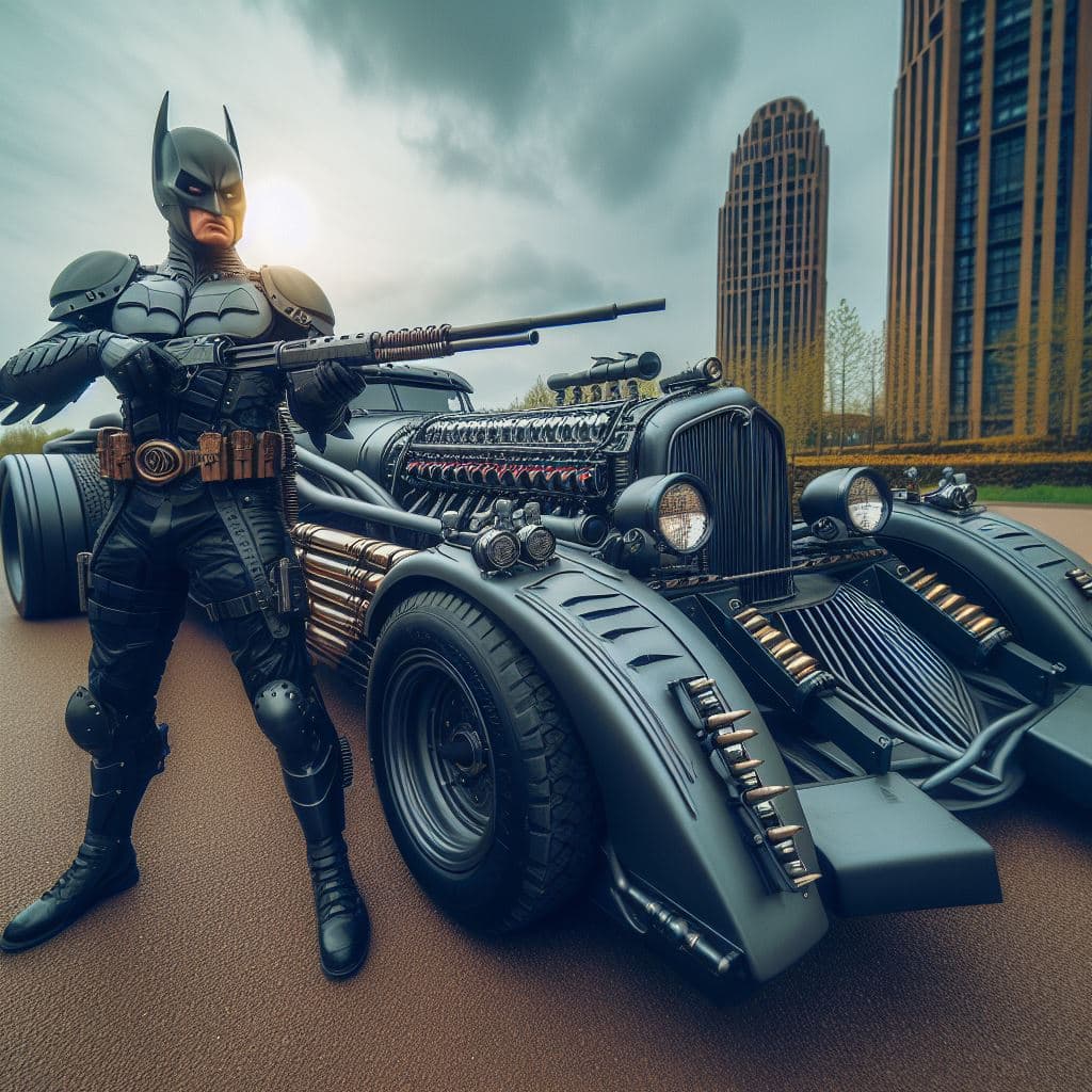 AI generated: A badass 1930s Batmobile (armed and armored), style of streamline moderne, 1930s Batman posing, 1930...