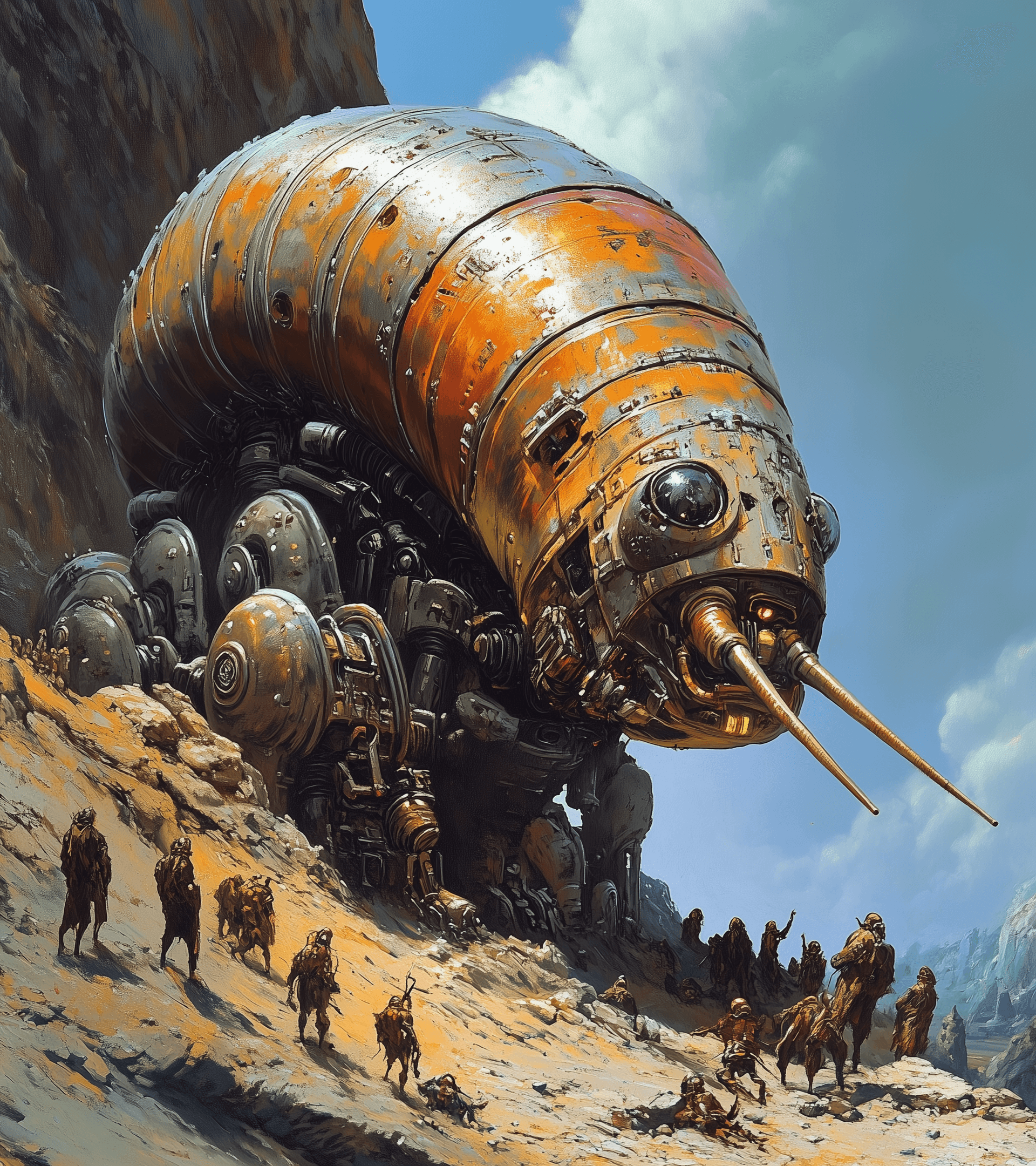 AI generated: A giant robotic snail eating tiny robot people, fantasy illustration in the style of Frank Frazetta,...