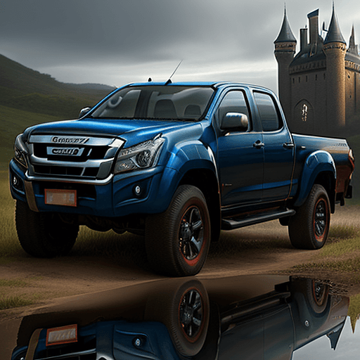 AI generated: A pickup truck, isuzu dmax, 6 wheels, camera shooting the body, blue and red car, 6X6 wheels, going ...