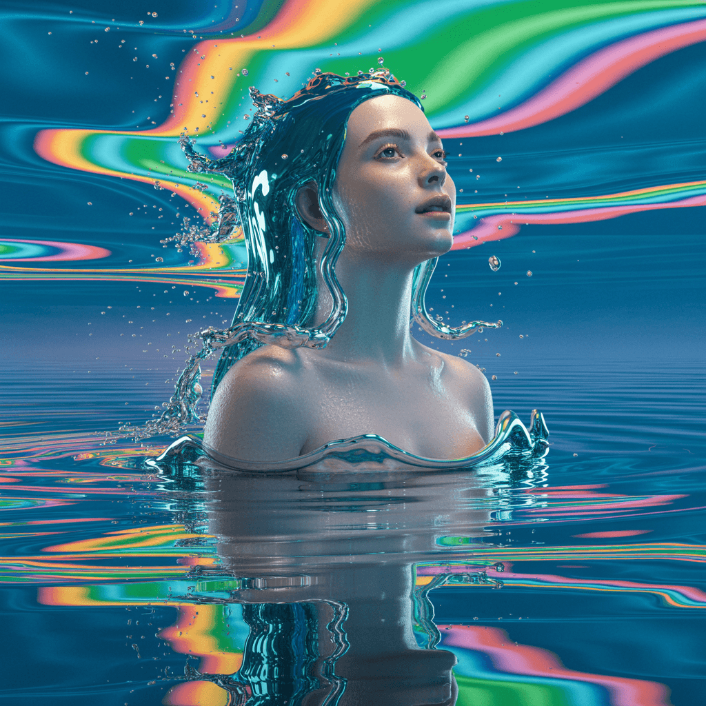 AI generated: Un retrato hipnótico y surrealista de una mujer compuesta completamente de agua, con una figura flui...