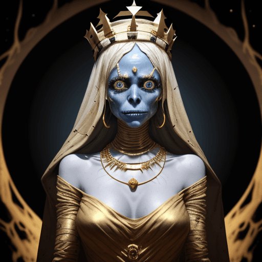 AI generated: The image features a dead old alien space  queen in full attributes, depicted as a mummy. She is wea...