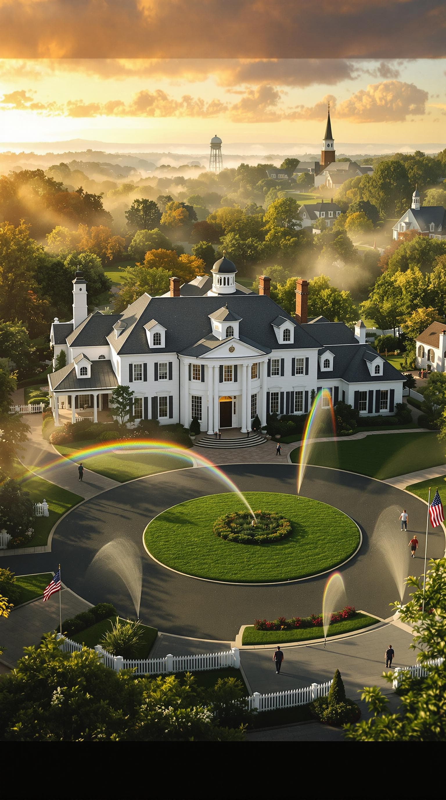 AI generated: A hyper-realistic wide shot of a classic New England suburban mansion at dawn inspired by Family Guy...