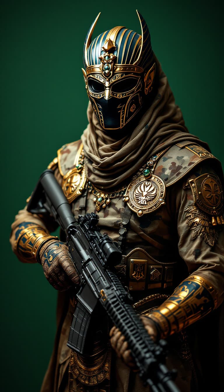 AI generated: "A full-body depiction of a masked pharaonic warrior wearing a luxurious mask inspired by the symbol...