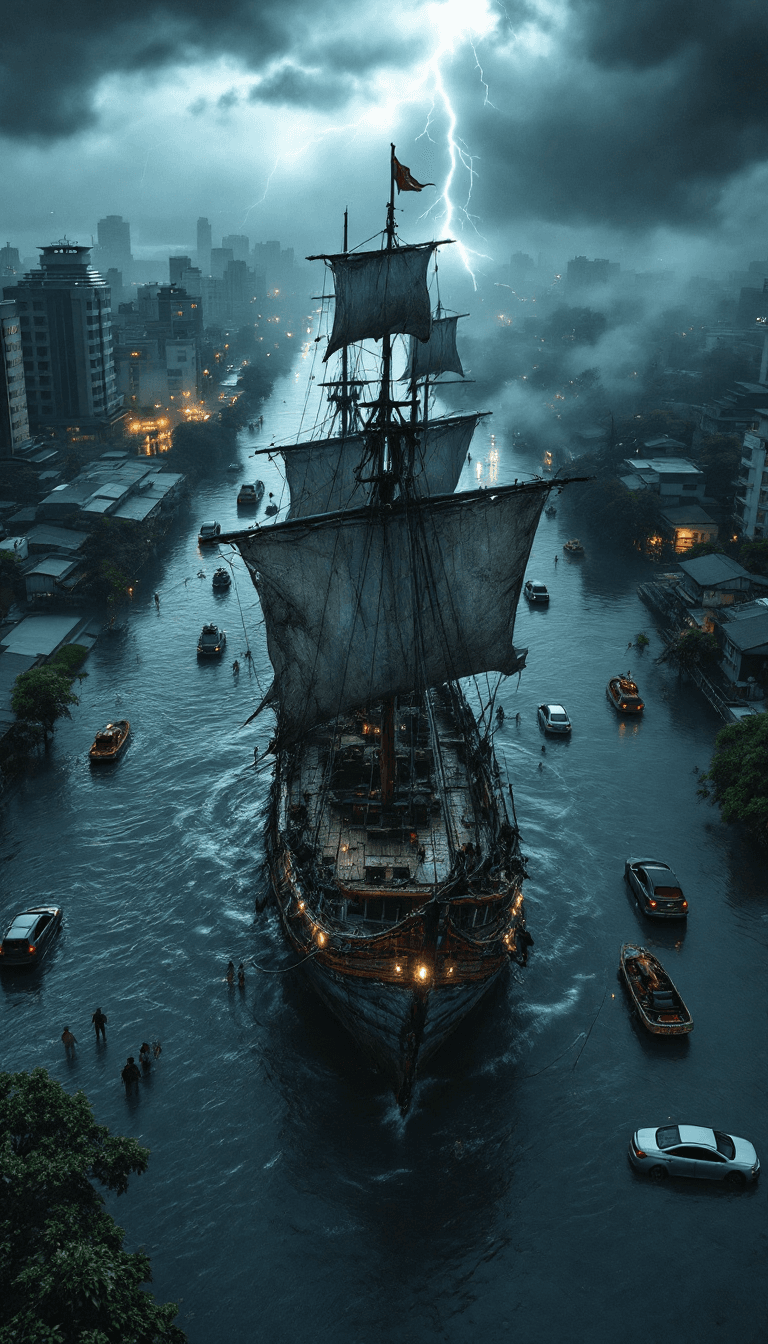 AI generated: Aerial view of a weathered 16th-century pirate ship stranded on a flooded Indonesian highway, surrou...