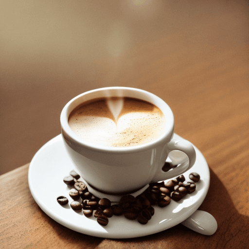 AI generated: A white cup of coffee stands on a wooden table against the background of bokeh, lights, a beige book...