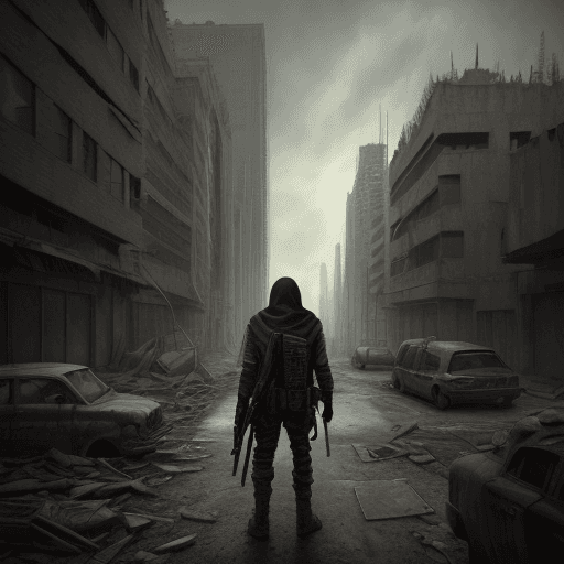AI generated: post-apocalyptic city. hooded person from the back.